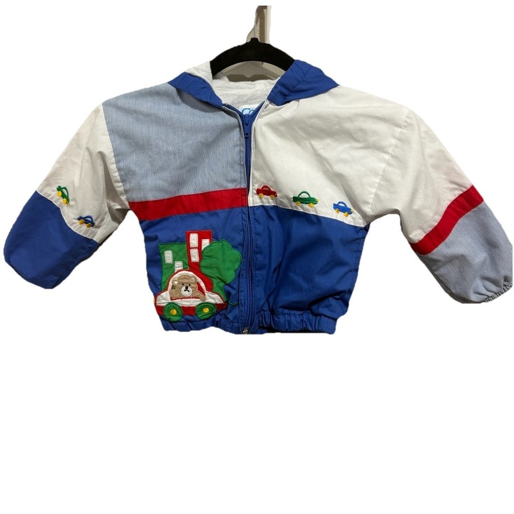 Vtg Carter's Colorblock Windbreaker Jacket Toddler 24 M Hooded 90's w Bear & Car